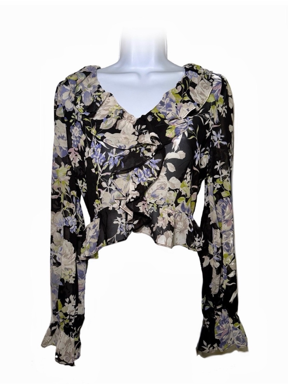 Milk & Honey Floral V Neck Long Sleeve Ruffled Multicolor Blouse - Womens Size L